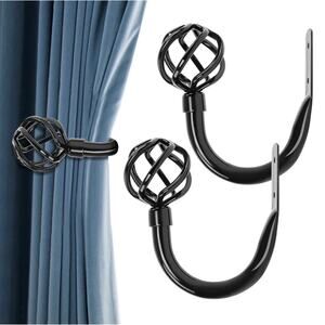 4pcs Piano Black Metal Curtain Tiebacks - High-Gloss Solid Cast Iron Geometri...